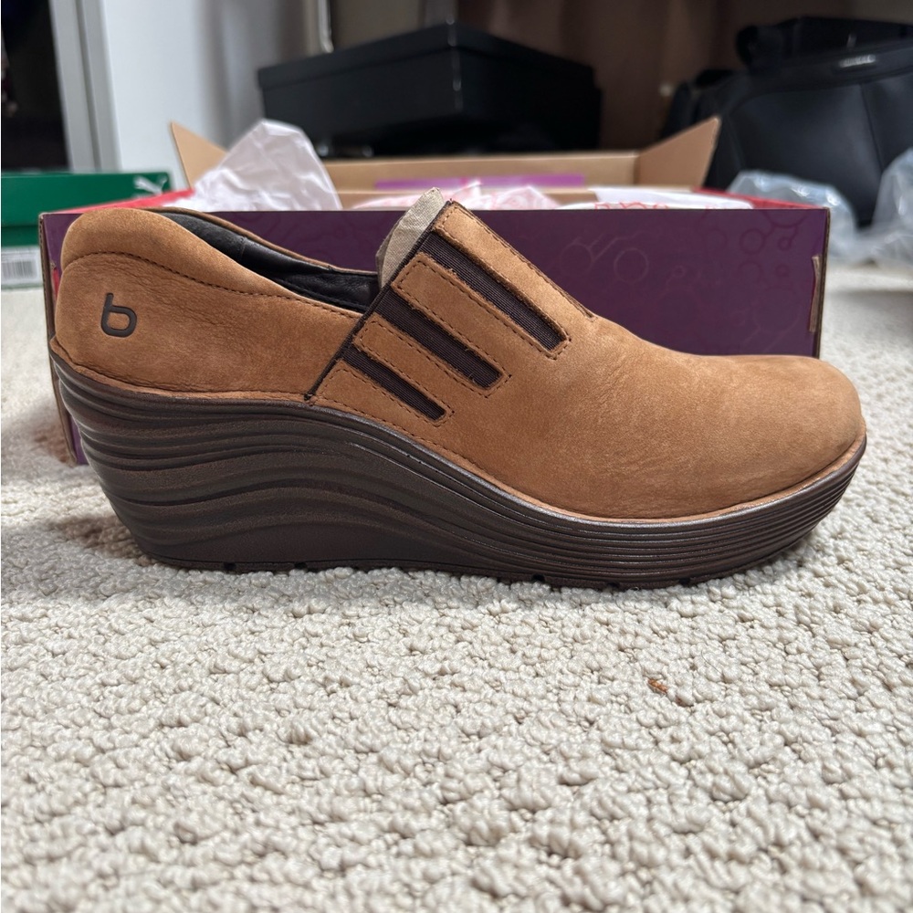 Bionica “Coast” Leather Wedge Slip-ons in Pinecone Tan
